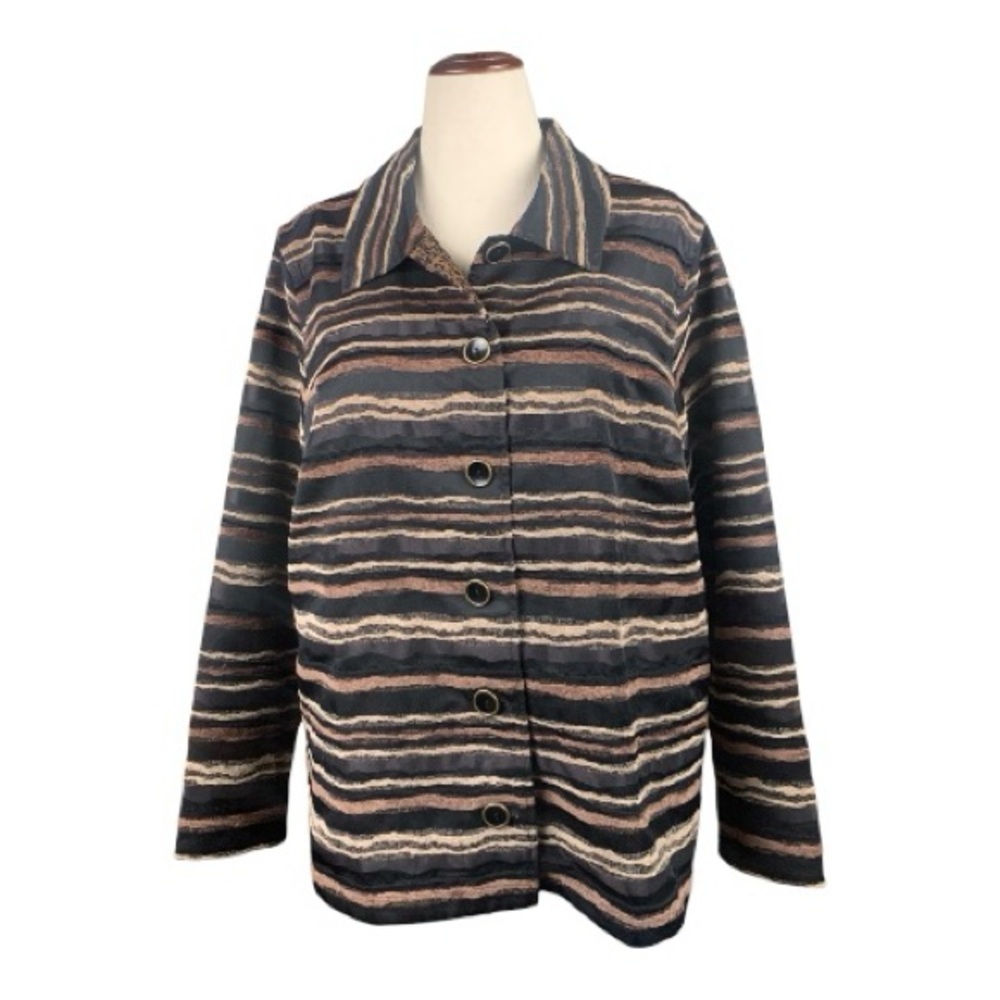 CJ Banks Women's Striped Tapestry Blazer Black Brown Tan  Shacket Size 1X